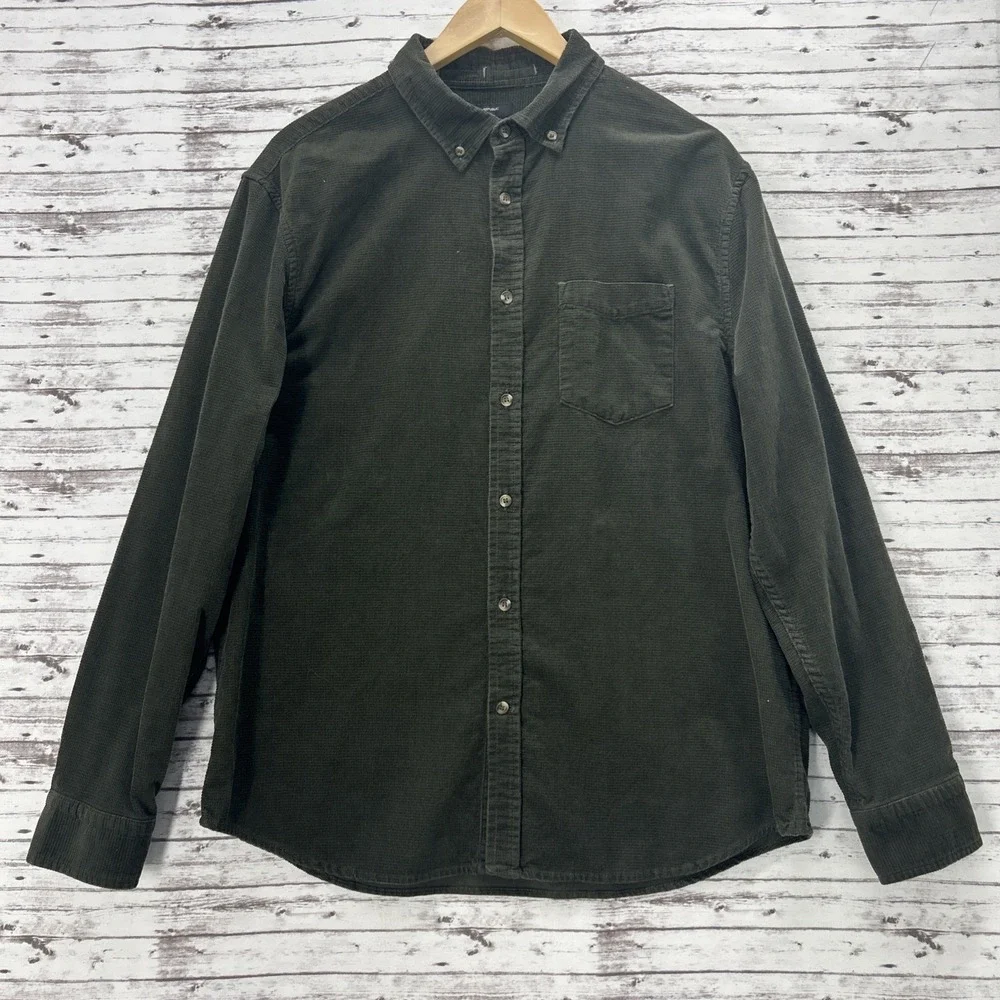 Banana Republic Corduroy Shirt Mens Large Untucked Fit Fine Wale Green Cotton